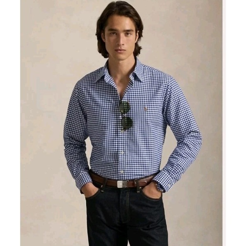 Ralph Lauren Mens Large Blue Gingham Check Custom Fit Long Sleeve Button Up